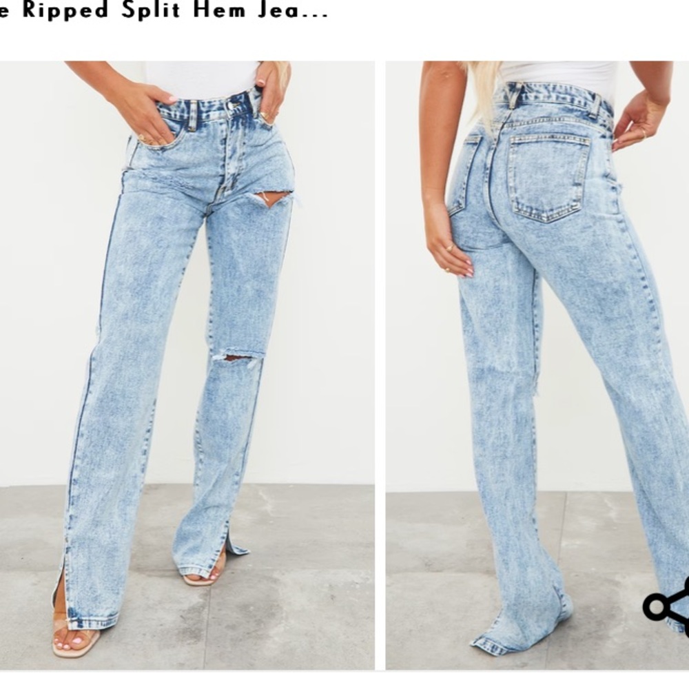 PrettyLittleThing Ice Blue Ripped Split Hem Jeans - Picture 3 of 3